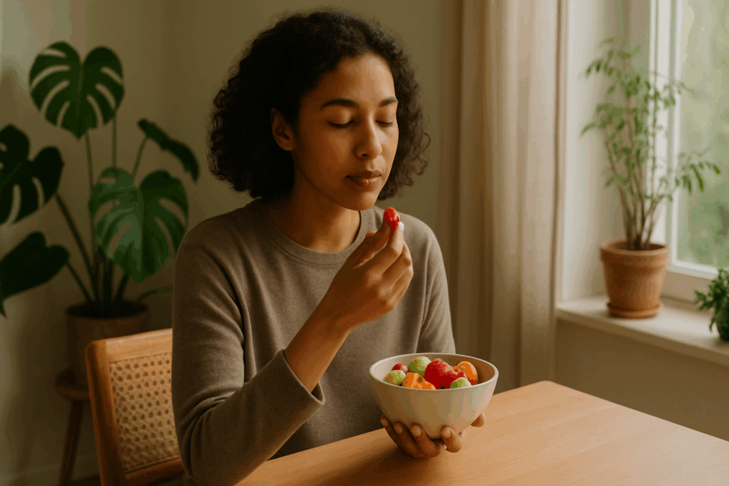 Mindful snacking moment showing a person enjoying whole food snacks on the go in a quiet, sunlit room.
Let me know if you'd like these tailored to specific images or sections!