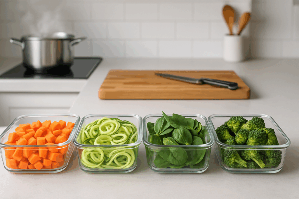 Meal-prepped containers of chopped vegetables on a kitchen counter demonstrating what are the vegetables you can easily prepare ahead for daily use