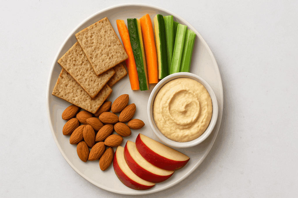 Global snack board featuring quick vegetarian snacks inspired by Indian, Japanese, and Middle Eastern cuisines like onigiri and masala peanuts.