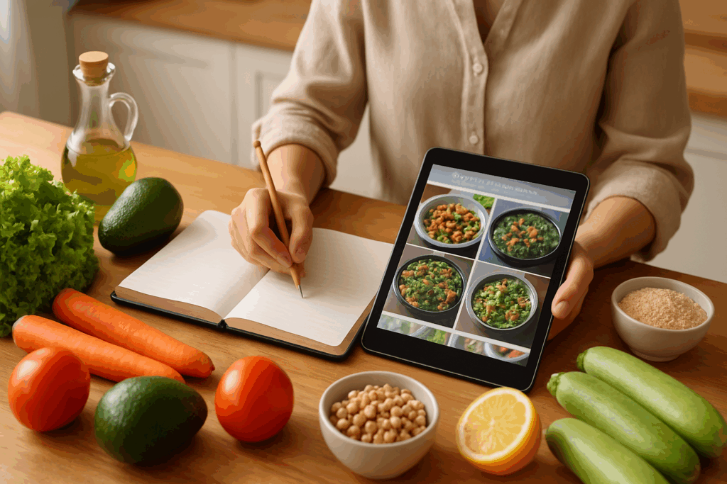 Meal prep setup with legumes, grains, and greens highlighting core components of vegetarian meals for weight loss.