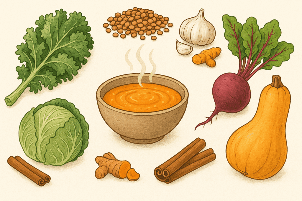 Infographic-style visual showing how cozy vegan soups fit into a balanced fall wellness routine with meal prep and mindful eating.