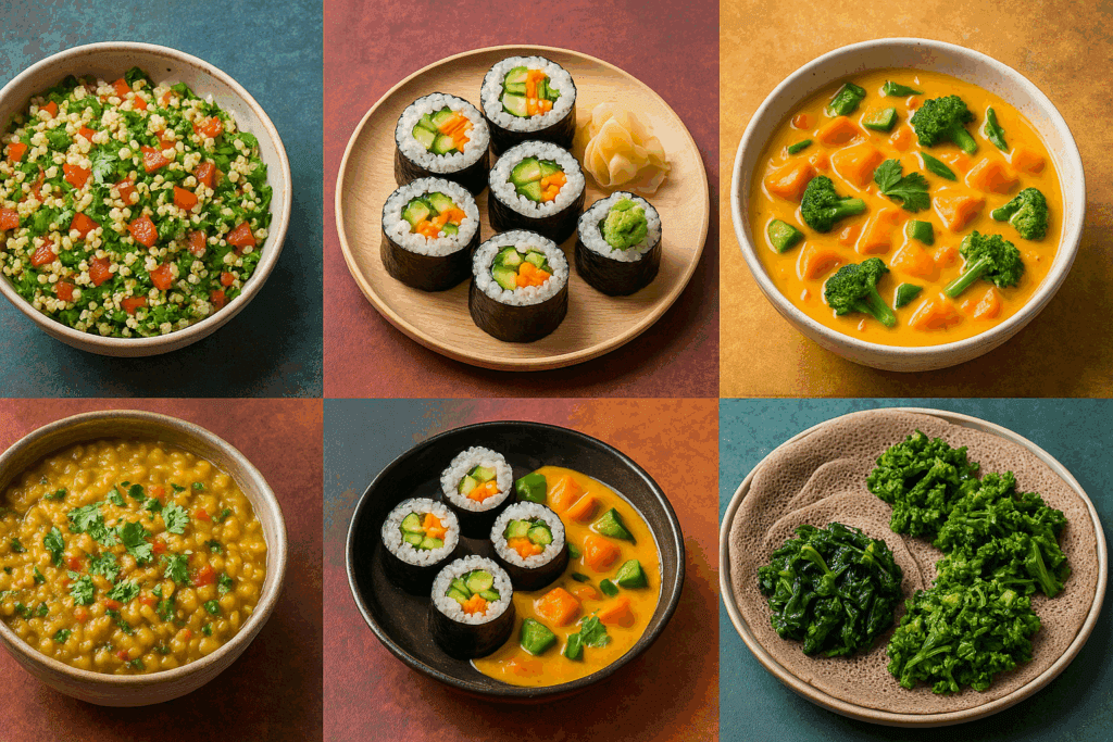 Global dishes like lentil dal, vegetable sushi, and tabbouleh presented as internationally inspired vegetable based meals
