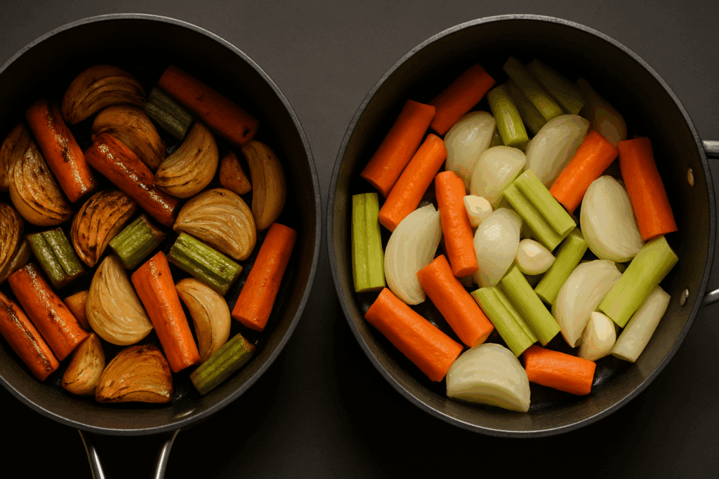 How to Create a Flavorful Vegan Soup Base: Easy Recipes for Healthier, Plant-Based Meals 6 Comparison of well-caramelized vegetables and overcrowded steamed vegetables when preparing a vegan soup base.