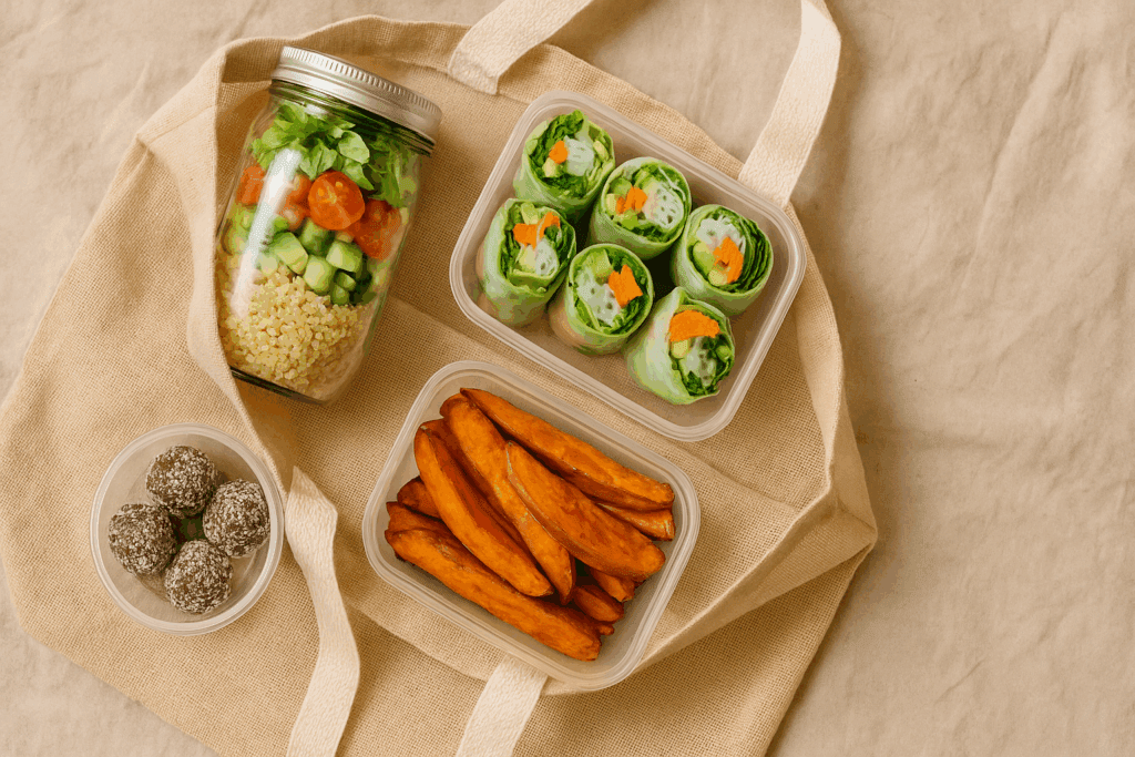 Smart Snacking on a Plant-Based Diet: Best Whole Food Plant Based Snacks Backed by Nutrition Science 6 Assorted bowls of fiber-rich and protein-packed best whole food plant based snacks arranged beautifully for a plant-based diet meal plan