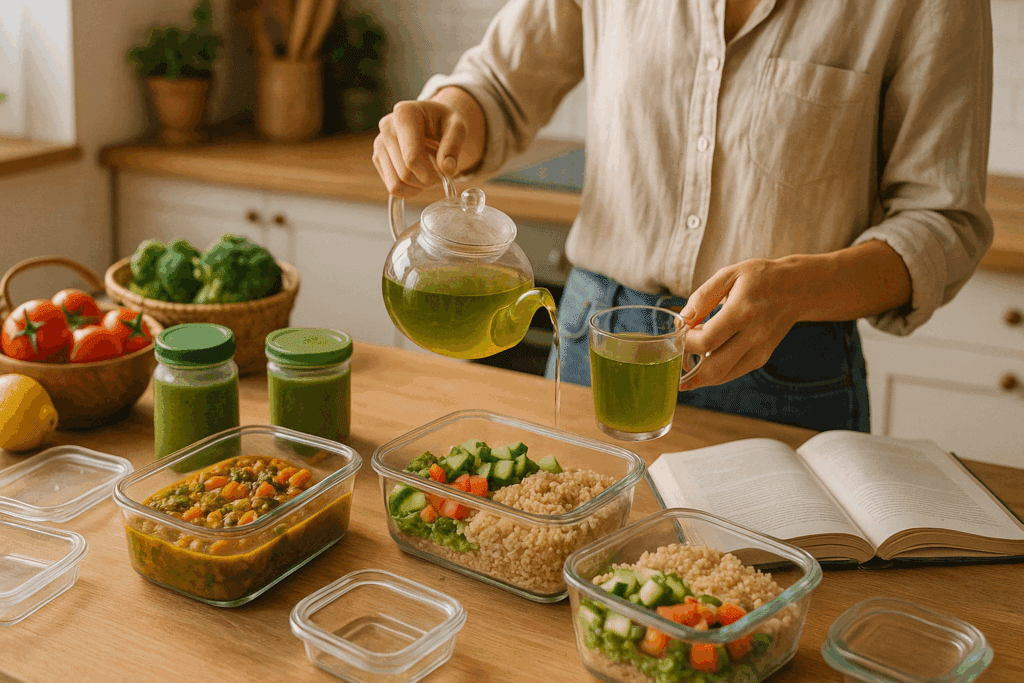 How the Green Mediterranean Diet Plan Supports Heart and Metabolic Health: What the Science Says About This Plant-Powered Eating Style 6 Person meal prepping lentil stew and quinoa bowls with green tea, showing how to start the Green Mediterranean Diet Plan at home