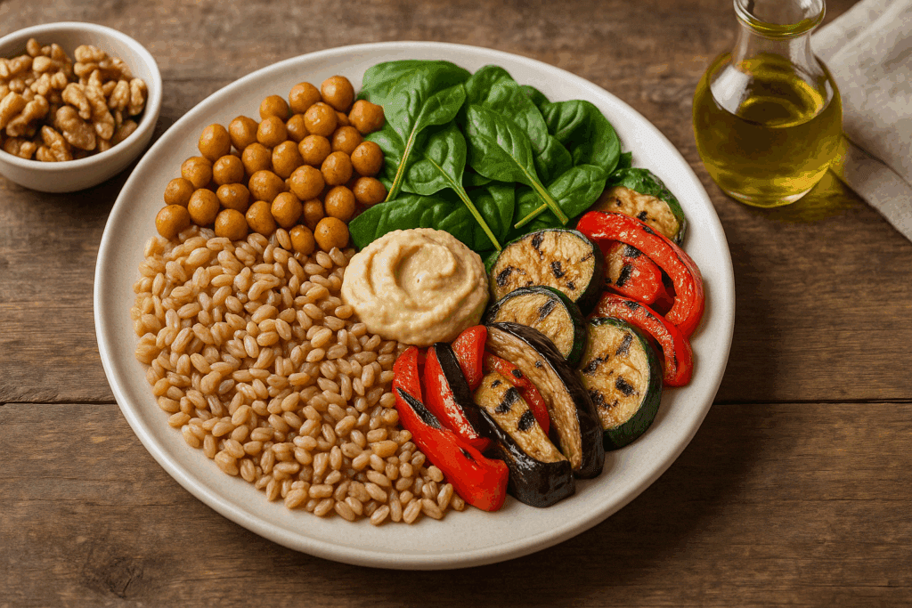 Vegetarian Mediterranean meal with farro, chickpeas, hummus, and vegetables as an example of how to start a Mediterranean diet without fish