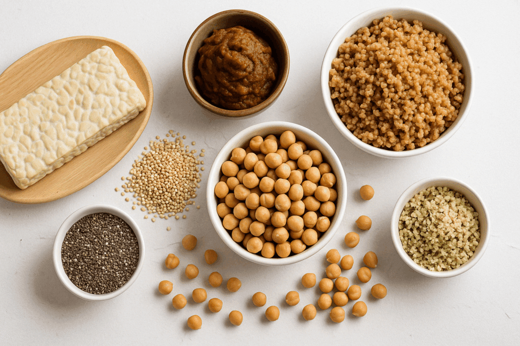 Best Low Calorie High Protein Foods for Weight Loss: What to Eat for Fullness and Results 5 Whole food proteins like quinoa, tempeh, and legumes arranged to show the best low calorie high protein foods for weight loss