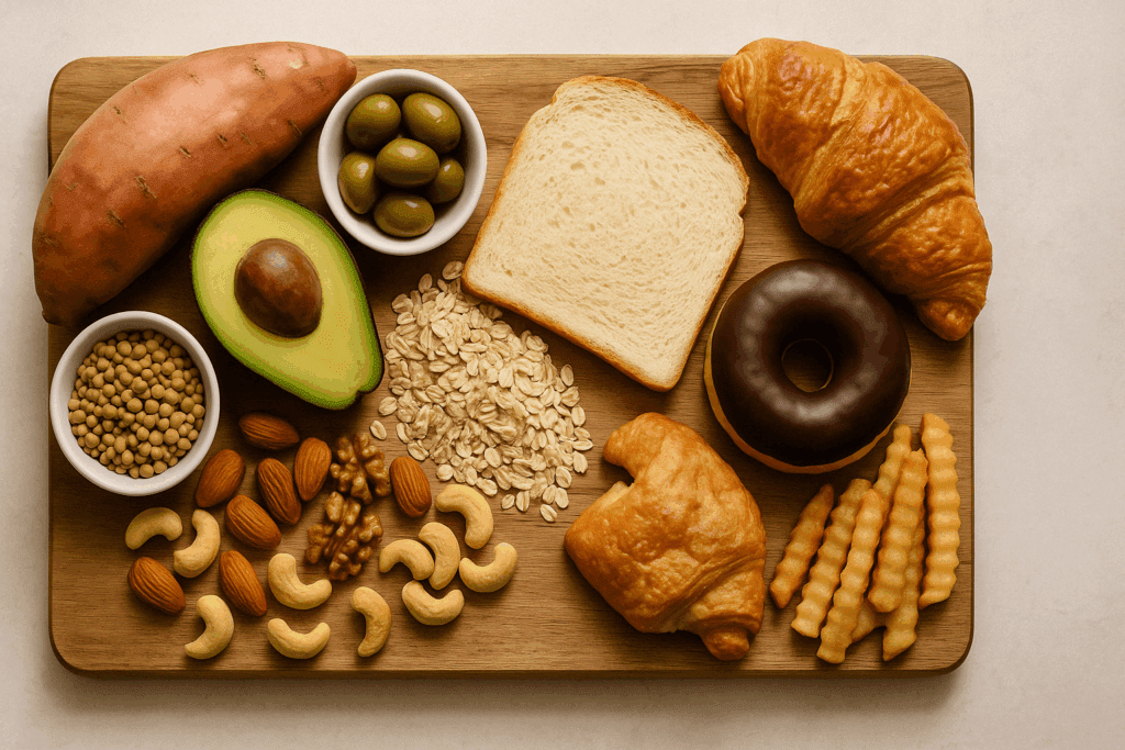 Smart and Satisfying: Easy Healthy Meals for Weight Loss That Make Dinner Delicious and Nutritious 6 Side-by-side display of whole carbs and healthy fats versus processed foods for easy healthy meals for weight loss
