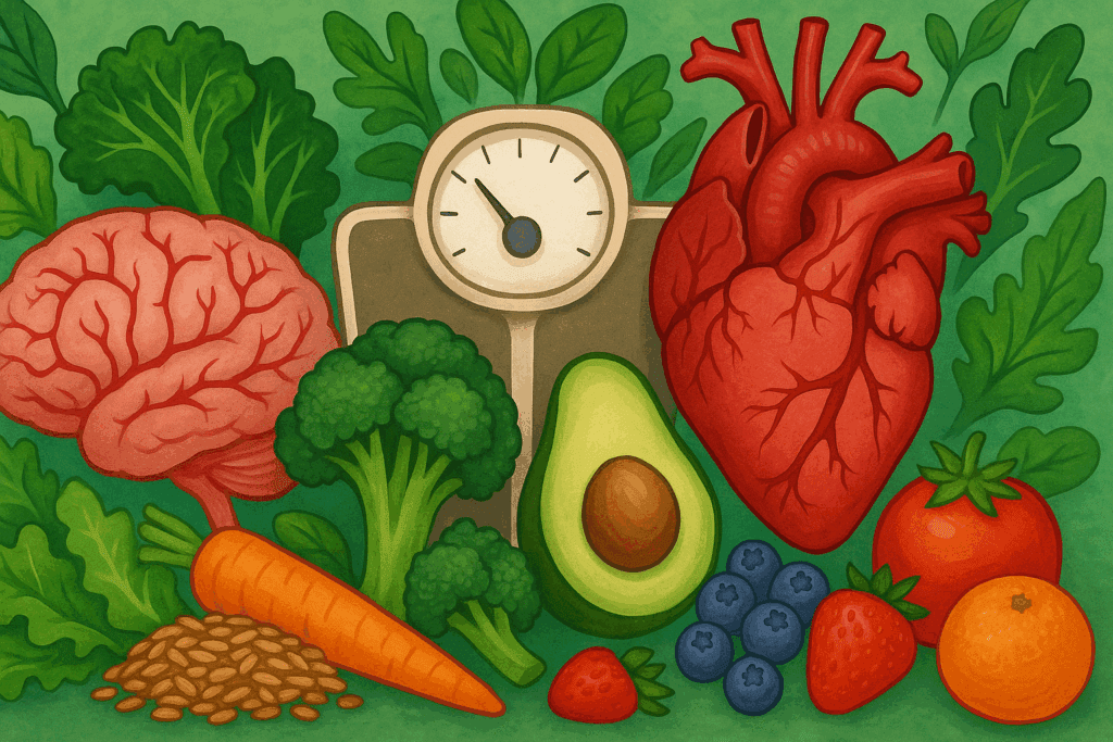 "Heart and brain icons surrounded by fruits and vegetables symbolizing health benefits of a low calorie diet for weight loss"