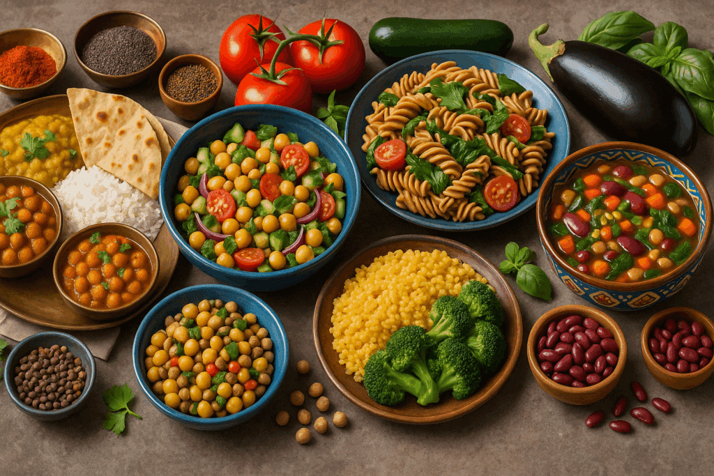 Traditional dishes from global cuisines illustrating cultural roots of vegan vs vegetarian eating patterns