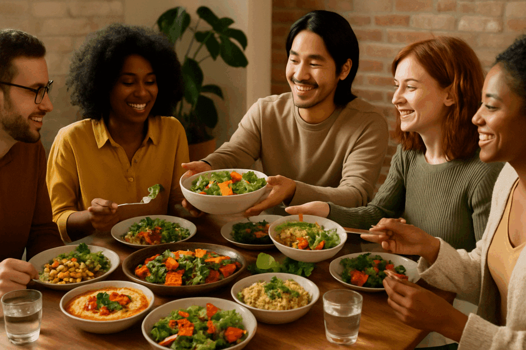 Is a Vegetarian Diet Healthy? Key Benefits, Food Tips, and What to Know Before You Start 6 Group of people sharing a vegetarian meal at a social gathering, highlighting how is a vegetarian diet healthy and inclusive