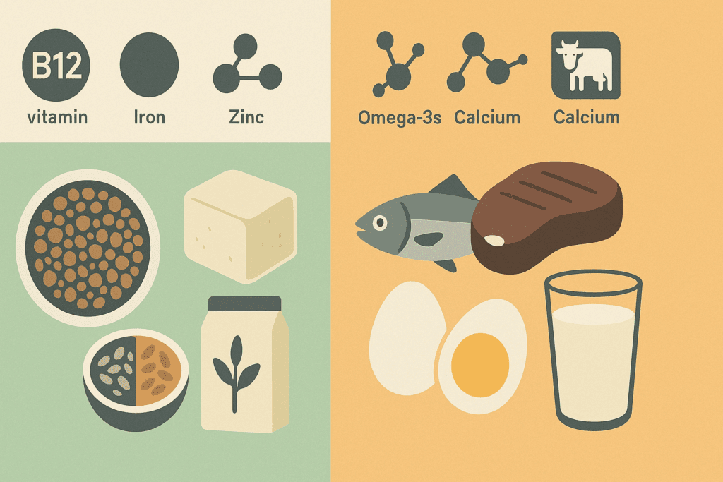Visual infographic comparing essential nutrient sources in vegetarian vs non vegetarian diets, including protein, B12, and iron.
