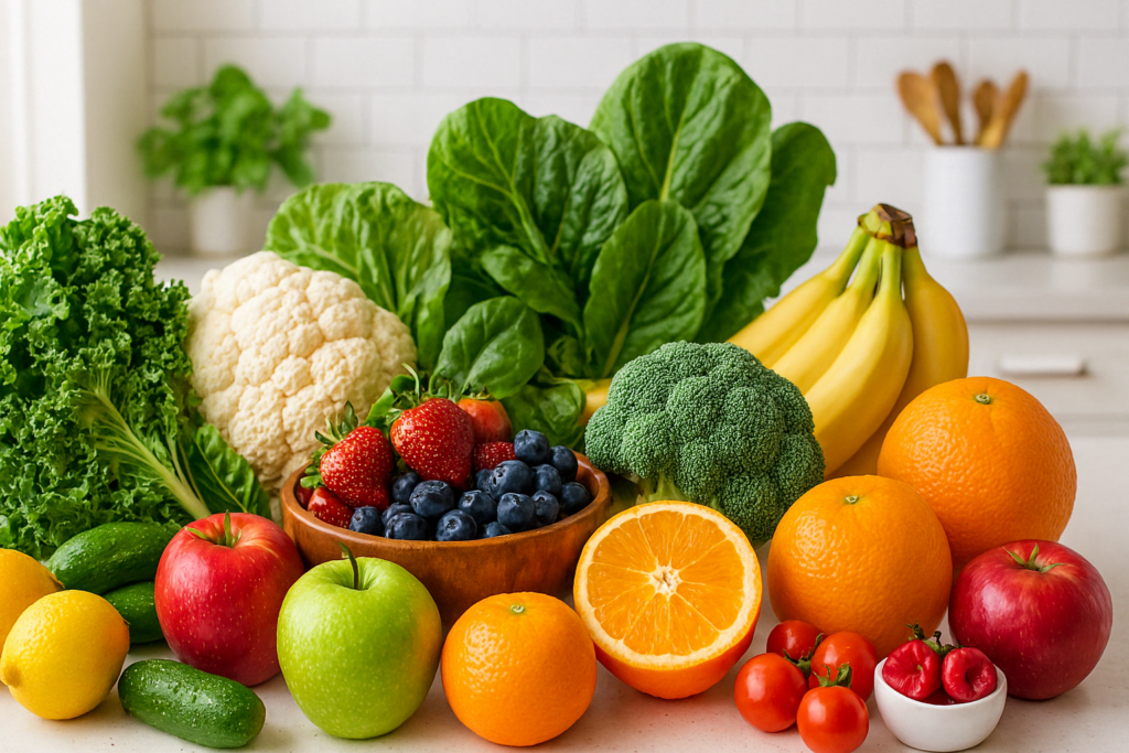 Top Fruits and Vegetables for Weight Loss Backed by Science: What to Eat for Healthy, Lasting Results 7 Colorful display of top fruits and vegetables for weight loss, including berries, citrus, leafy greens, and cruciferous vegetables on a kitchen counter.