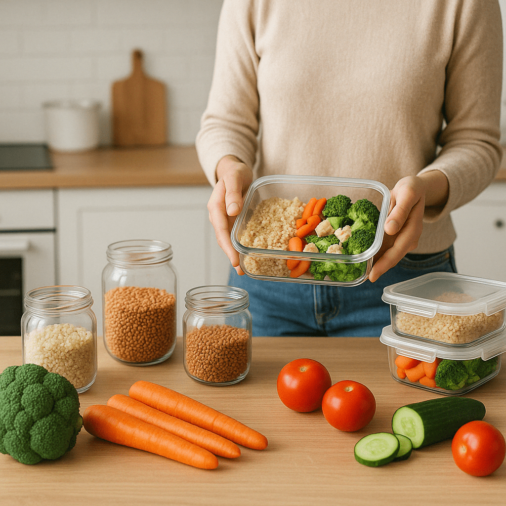 "Affordable meal prep ingredients like oats, sweet potatoes, and lentils arranged on a kitchen counter, emphasizing budget-friendly meal prep for weight loss."