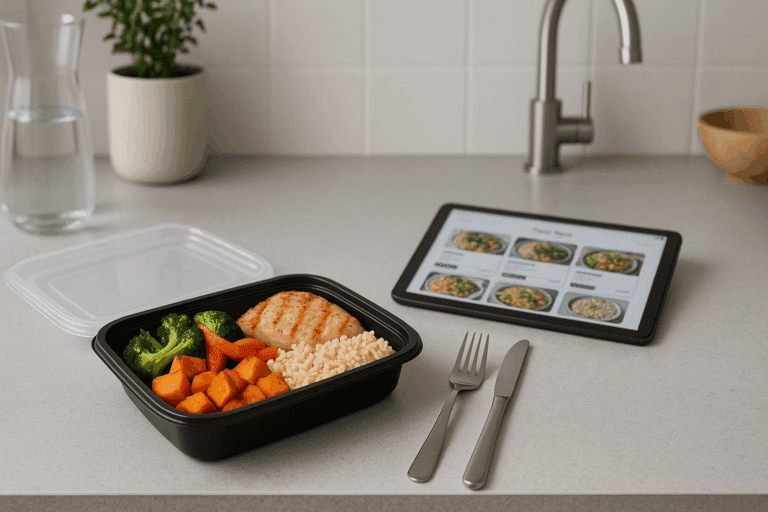 Healthy single-serving meal on a kitchen counter representing the best meal delivery service for singles seeking convenience and nutrition