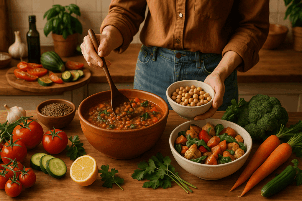 Vegetarian Mediterranean dish being prepped using ingredients from the best Mediterranean prepared meal delivery service.