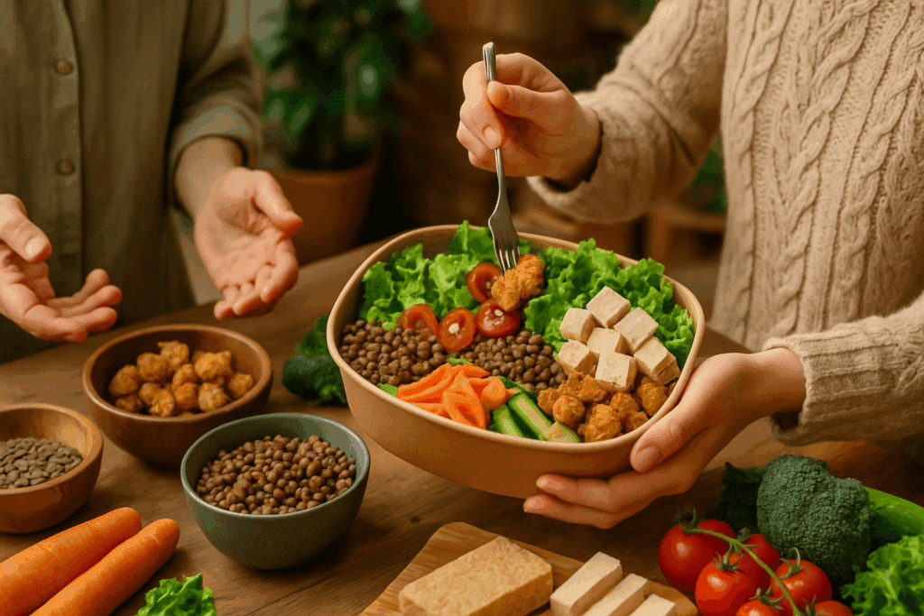 Plant-based salad with tofu and tempeh served outdoors as part of a flexible healthy salad meal delivery service