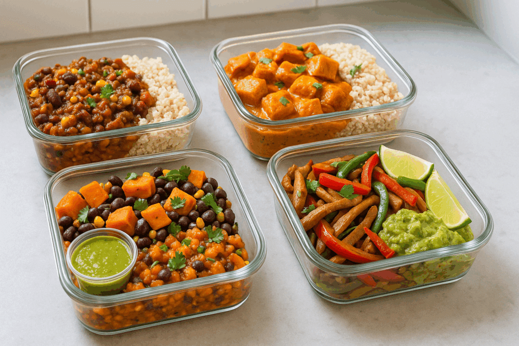 Six balanced meals spaced through the day showing effective timing strategy for bulking meal prep recipes