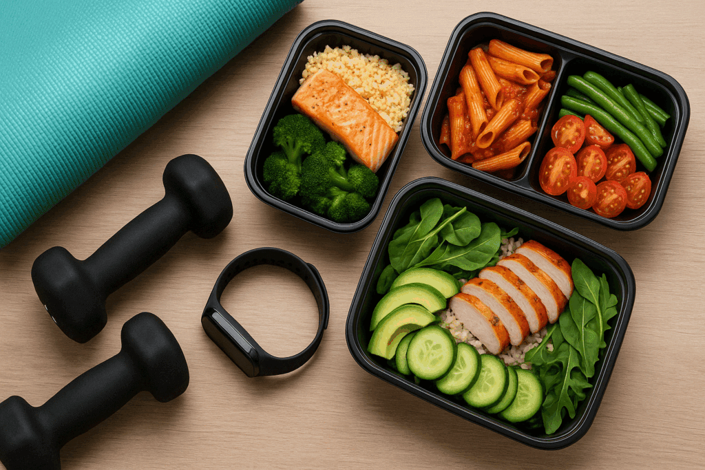 Balanced meals beside a yoga mat and fitness gear, showing how the best weight loss meal delivery supports overall wellness