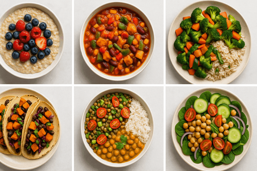 Seven visually distinct meals arranged in a grid to represent a balanced one-week clean eating meal plan