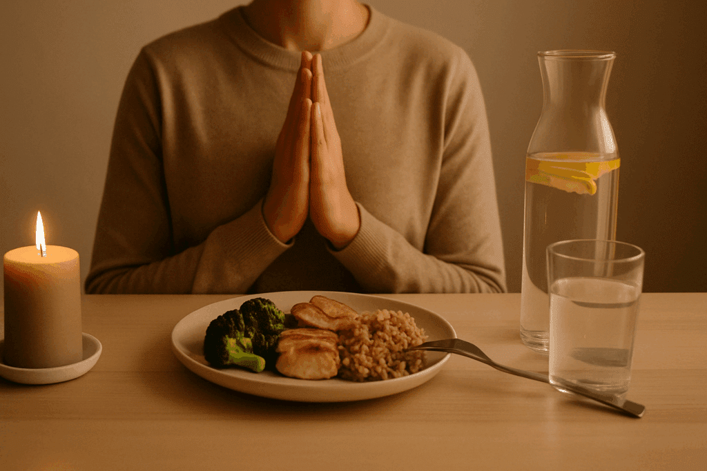 Peaceful table setup with a balanced meal and water emphasizing mindful habits and what to eat while cutting