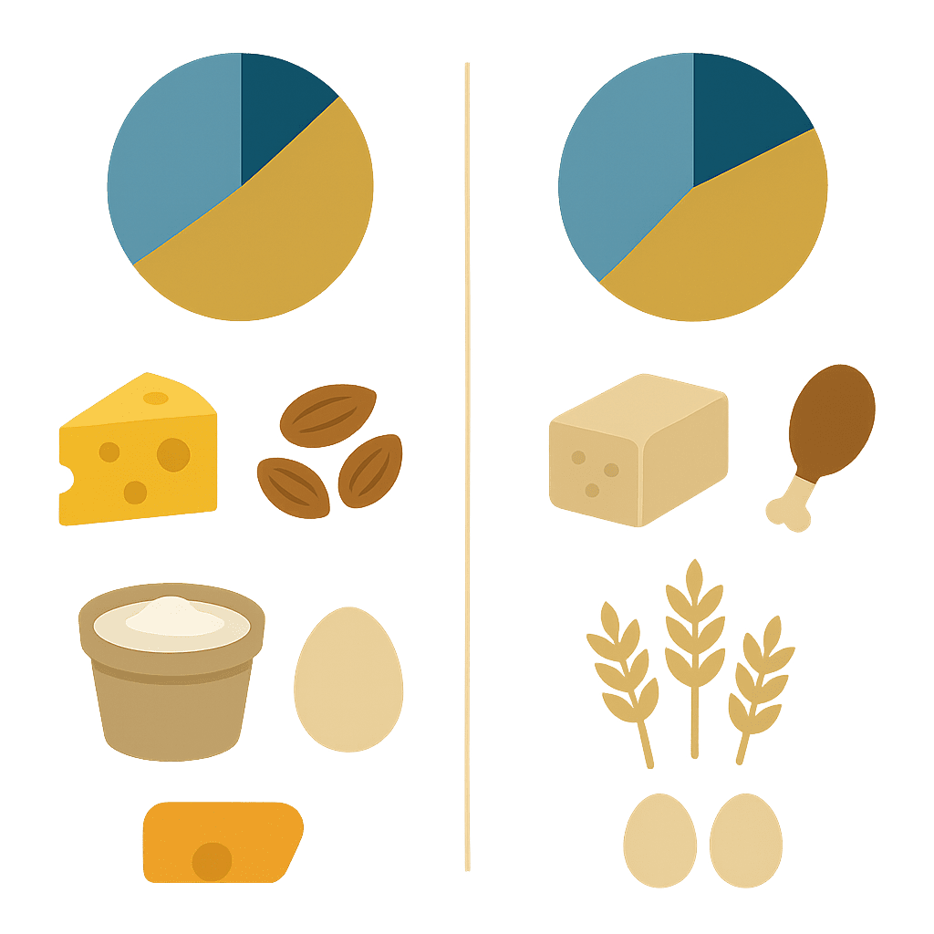 Infographic-style image comparing keto and low carb macronutrient ratios related to easy high protein meals for muscle gain