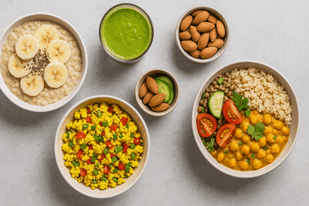 Flat lay of full day plant-based meals designed to support a nutrient-dense male nutrition plan