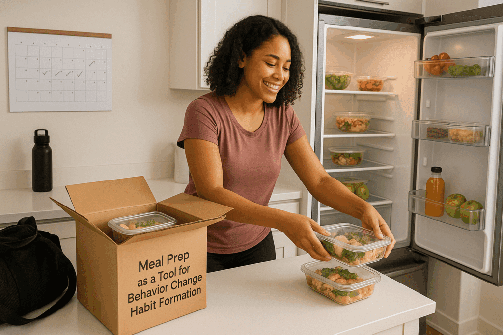Person unpacking a delivery box from a fitness meal prep service, supporting new healthy habits