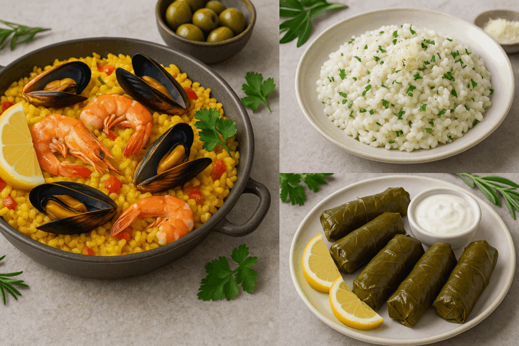 Visual comparison of white rice and whole grains in Mediterranean meals, illustrating nutritional differences related to can you eat white rice on the Mediterranean diet