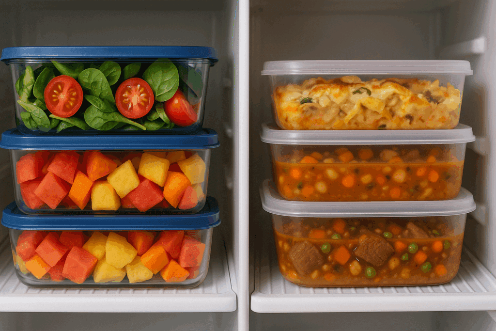 Split view of 3-day and 5-day meal prep containers, showing how easy weekly meal plans balance freshness and efficiency.