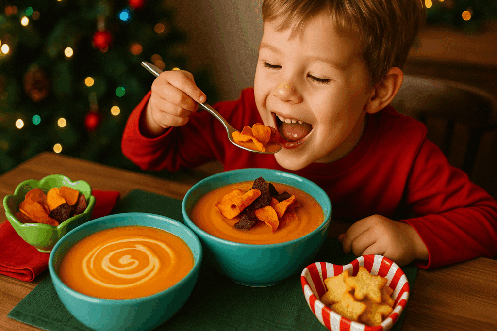 Festive Vegan Soup Ideas for a Cozy Christmas: Nourishing Recipes to Warm Your Holiday Table 6 Kid-friendly festive vegan soup in bright bowls with fun toppings like veggie chips, served at a family holiday meal