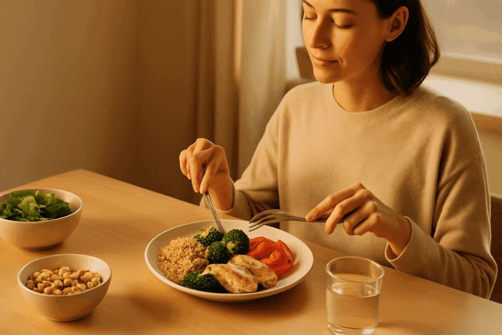 Mindful eating of a high protein diet meal plan featuring tofu, grains, and vegetables at a clean dining table