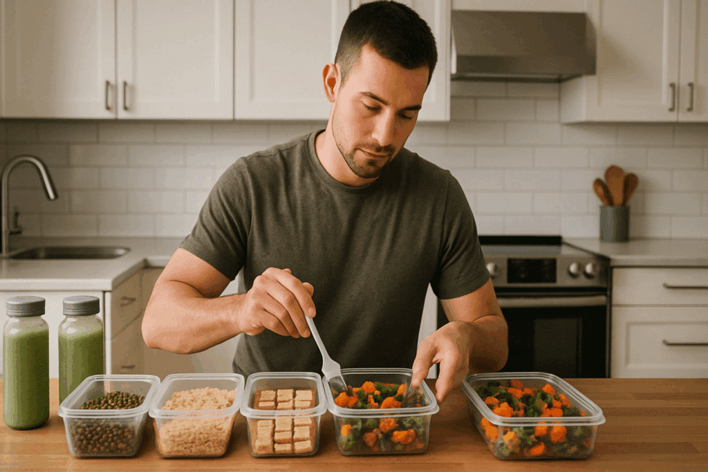 Person meal prepping clean, high-protein foods in a kitchen to support a healthy bulking diet