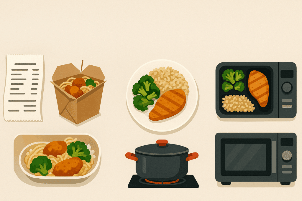 Visual comparison of freshly meal delivery servicea meals vs takeout and home-cooked food with healthy ingredients