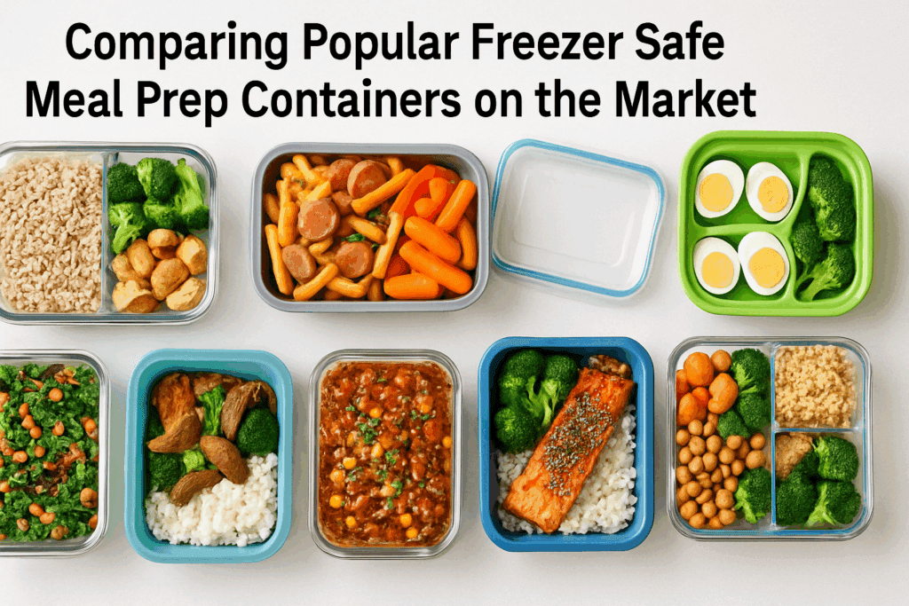 Top-rated brands of the best freezer safe meal prep containers on a counter filled with prepared meals in different container types
