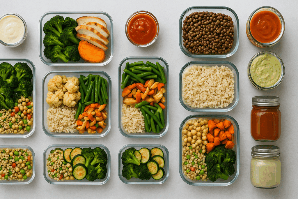 Weekly lunch prep setup with high-fiber plant foods supporting smart meal prep to lose belly fat goals