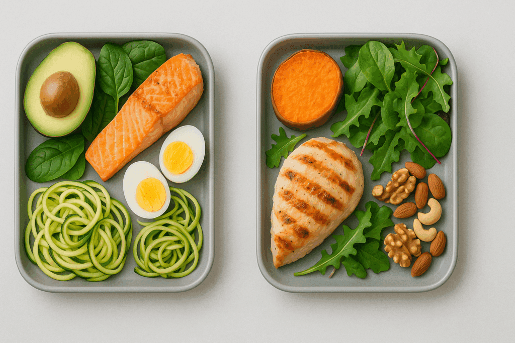 Low-carb and keto-friendly foods laid out for simple meal preparation, including avocado, leafy greens, and grilled salmon.