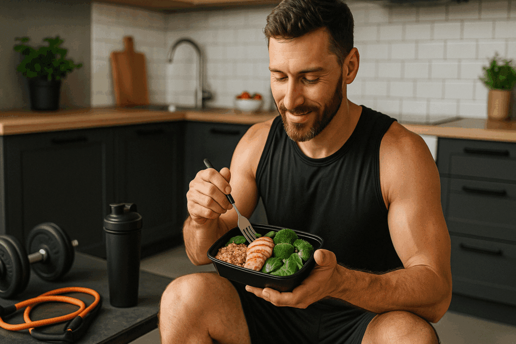 Man holding a protein-packed post-workout meal, integrating fitness with a male-focused quick weight loss meal plan.