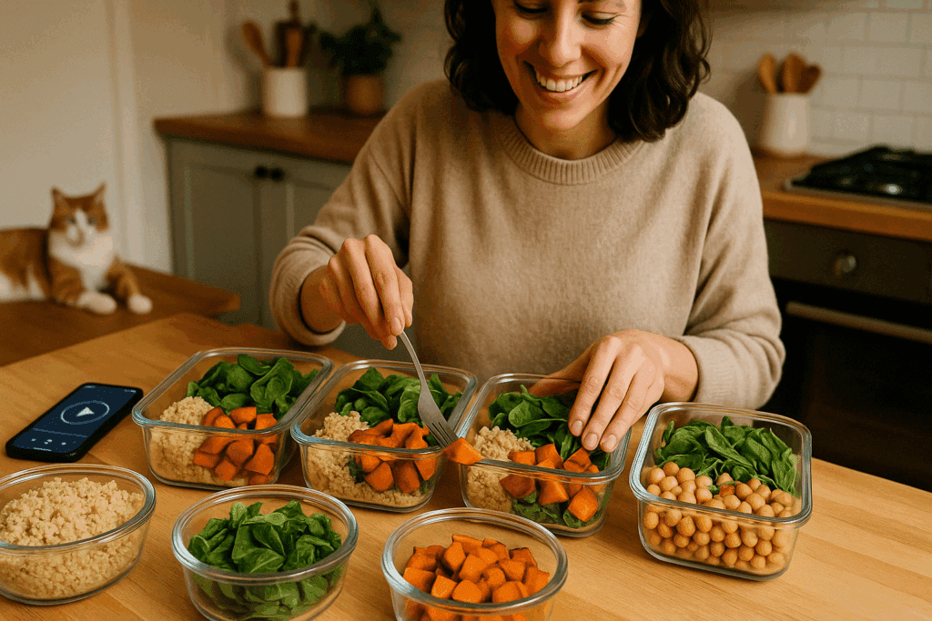 Overhead view of organized healthy make ahead lunches for work in containers, ready for storage in a weekly meal prep session.