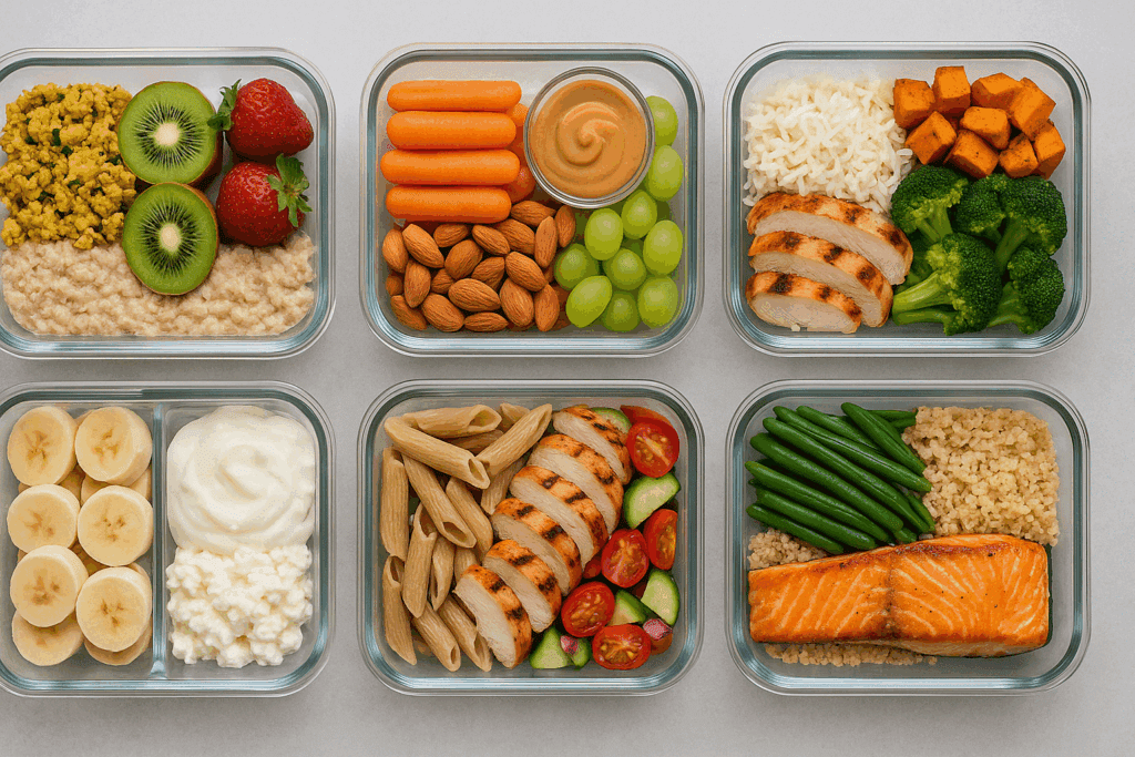 Fueling Strength the Smart Way: A Nutrition Plan for Strength Training That Supports Muscle, Metabolism, and Women’s Wellness 6 Full day of plant-forward meals laid out in prep containers, visually representing a structured nutrition plan for strength training.
