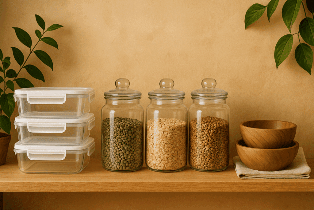 Open refrigerator with rows of BPA free meal prep containers storing pre-portioned meals, supporting mindful eating and efficient storage solutions.