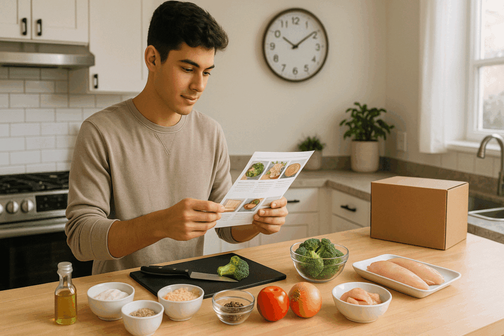 Is a Monthly Meal Subscription Worth It? What to Know About Nutrition, Portion Control, and the Best Meal Kit Deals 6 Person cooking from a step-by-step recipe card included in their monthly meal subscription, surrounded by fresh, measured ingredients.