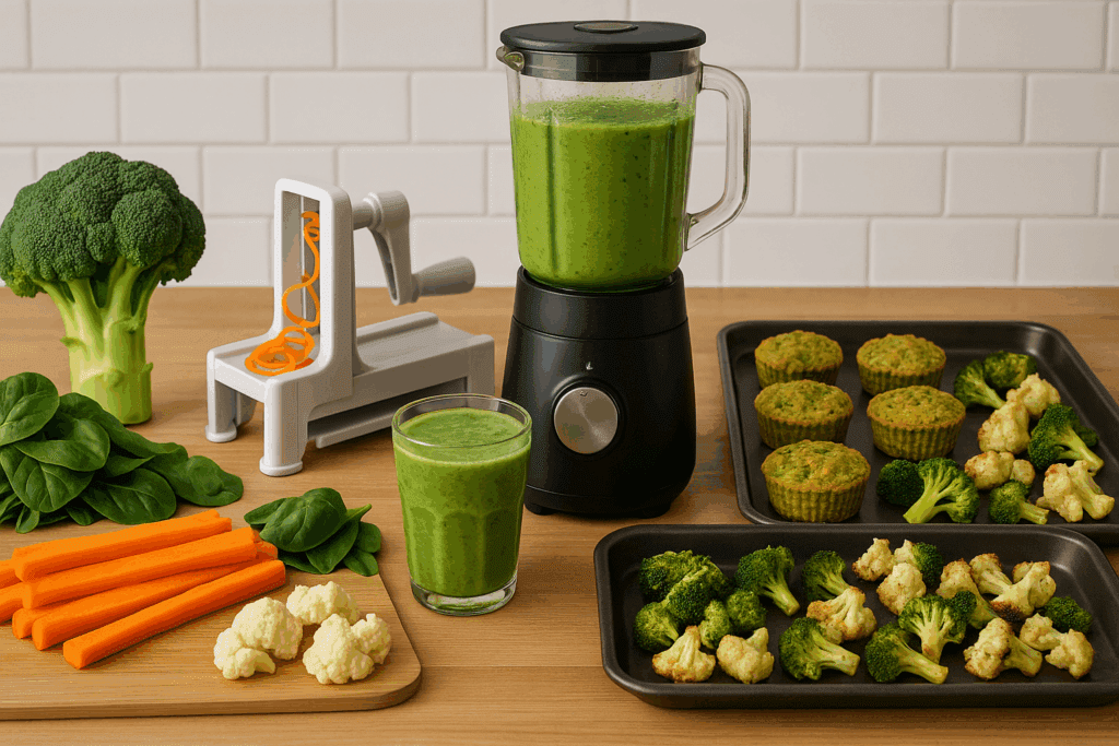Kitchen counter displaying blended veggie sauces, roasted snacks, and smoothies created through creative meal prep for picky eaters