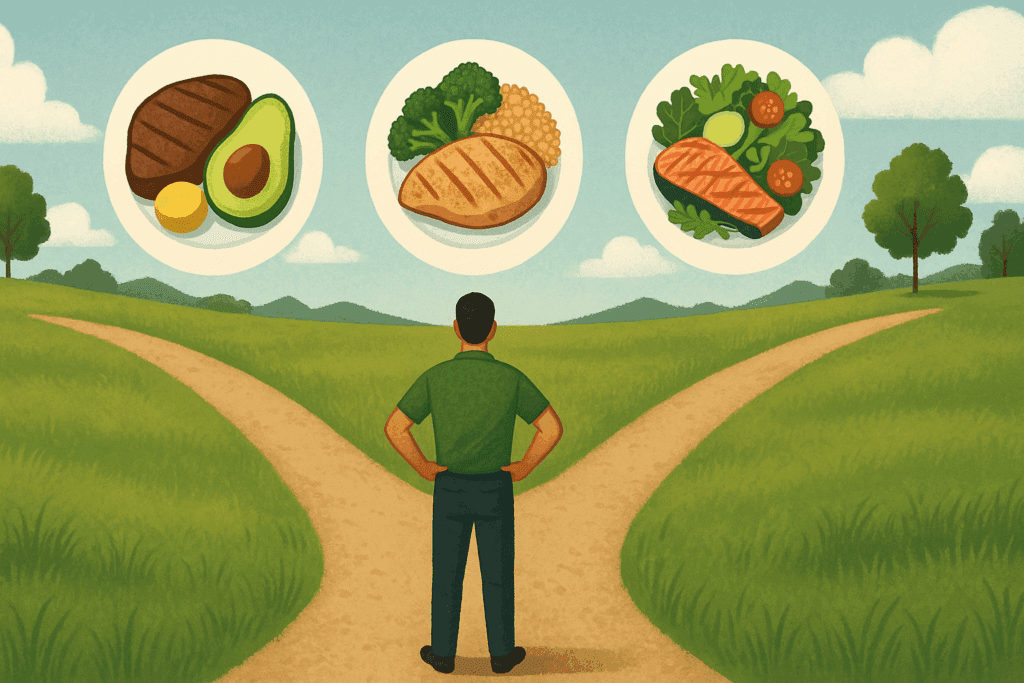 Man choosing between keto, low-carb, and balanced diet paths as part of personalized meal prep for men strategy.
