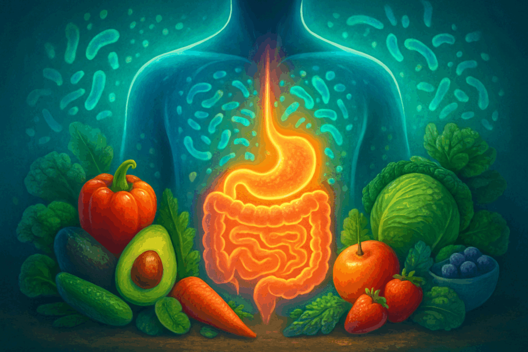 Illustration of a healthy gut with glowing intestines surrounded by fruits, vegetables, and microbiota, promoting prevention of the worst foods for gut health.
