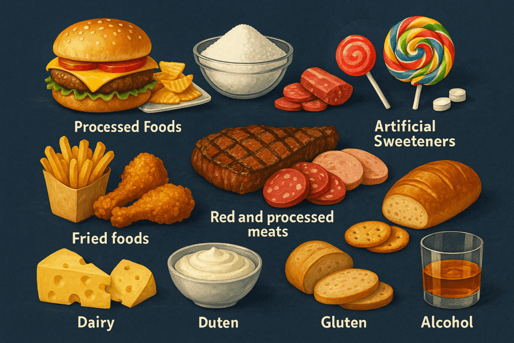 Diagram showing seven categories of the worst foods for gut health, including processed foods, sugars, fried foods, red meats, dairy, gluten, and alcohol