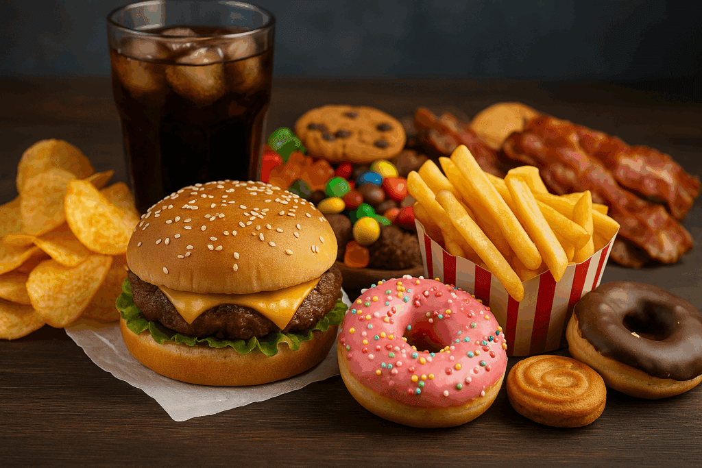 Table full of processed foods like burgers, fries, soda, donuts, and bacon illustrating examples of the worst foods for gut health
