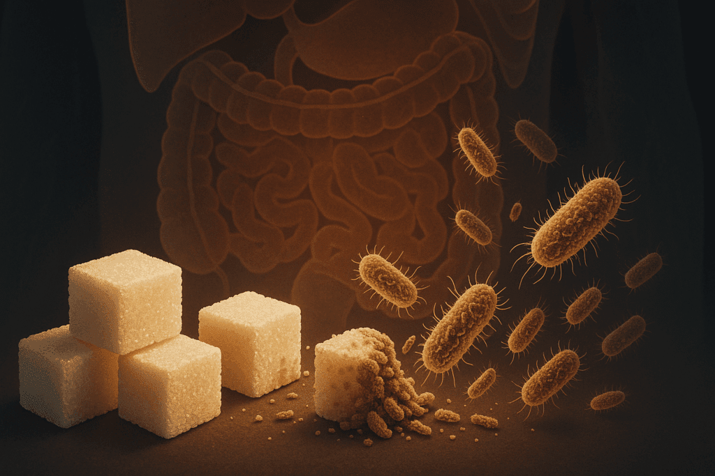Sugar cubes transforming into harmful bacteria in front of a human digestive system, illustrating the worst foods for gut health.