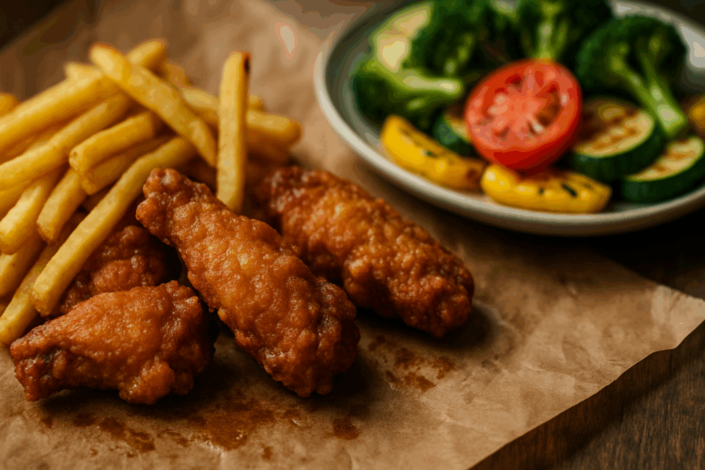 Close-up of greasy fried chicken wings and French fries on oily parchment paper, contrasting with grilled vegetables in the background, illustrating worst foods for gut health