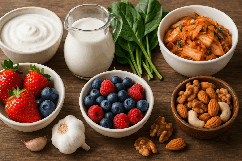 Variety of gut-healing foods like yogurt, kefir, kimchi, berries, leafy greens, garlic, and nuts displayed on a rustic wooden table, contrasting the worst foods for gut health
